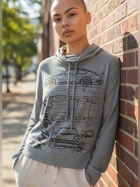 Women's Gray Cowl-Neck Sweater with Automotive Graphic
